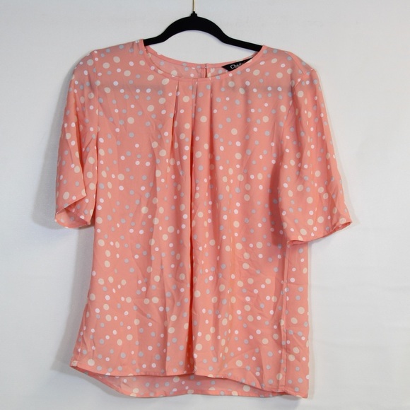 Chadwicks Peach Short Sleeve Blouse w/Grey White Polka Dots NWOT - Picture 2 of 4